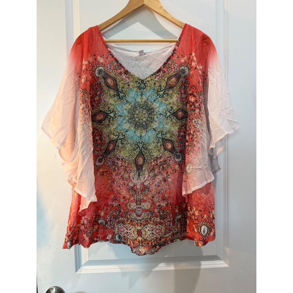 Westport 1962 Women 3X Coral Mandala Rhinestone Butterfly Sleeve Kaftan Top
